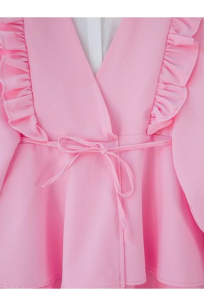 Modamorfo Kimono Suit with Ruffled Front, Lace-Up Skirt and Layered Trousers - Pink