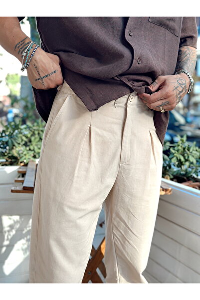 manch collection Κρέμα λινό παντελόνι με κανονική φόρμα