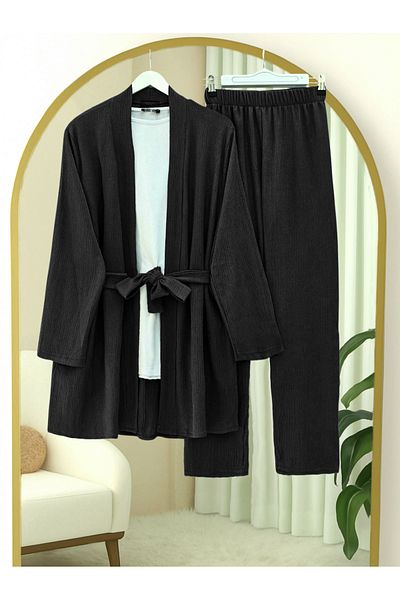 Modamorfo Crinkle Kimono Suit with Side Pockets and Belted Long Sleeve Trousers - Black