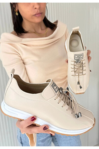 ETİLER COLLECTION Monya Beige Leather Lace-Up Sneakers