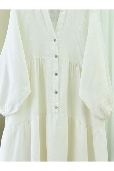 Modamorfo Half Button Piece Muslin Dress -Ecru