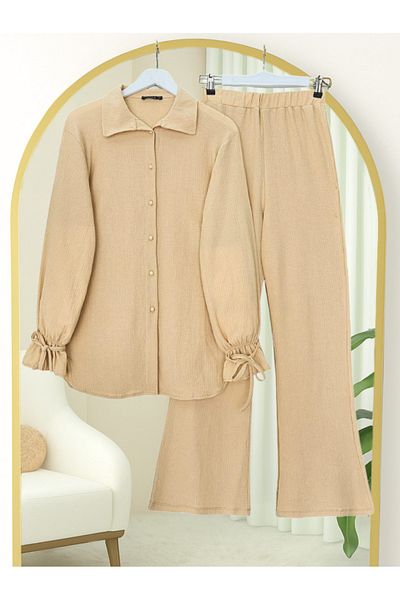 Modamorfo Top Buttoned Sleeve Lace-Up Crinkle Suit -Beige