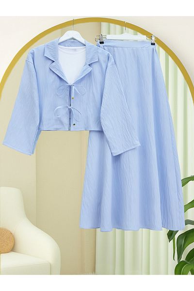 Modamorfo Double Breasted Collar Double Lace Skirt Suit - Baby Blue