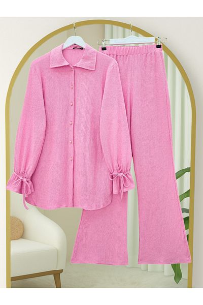 Modamorfo Top Buttoned Sleeve Lace-Up Crinkle Suit -Pink