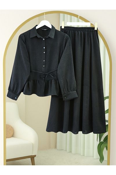 Modamorfo Piece Gathered Blouse Skirt Suit -Black