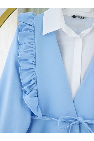 Modamorfo Kimono Set with Ruffled Front, Lace-Up Skirt and Layered Trousers - Baby Blue