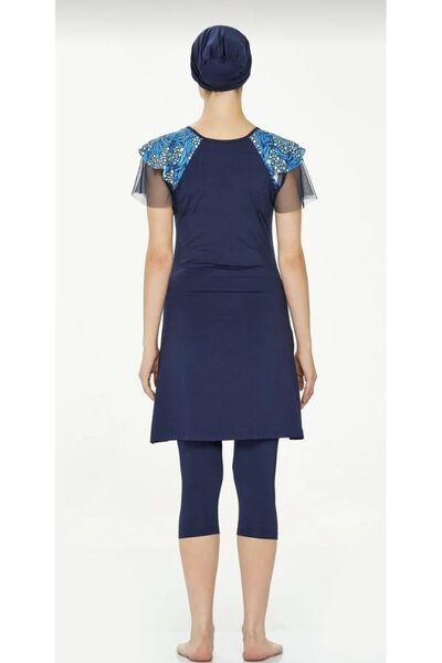 MARESİVA Zen Tulle Detailed Short Sleeve-Short Leggings Pool Swimsuit Navy Blue