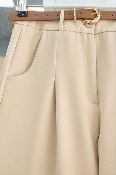 Modamorfo Pleated Pocket Belted Ankle Trousers -Beige