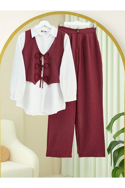 Modamorfo Set de două piese vestă și pantaloni cu legături în față - roșu claret
