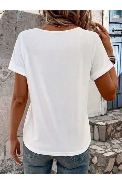 Aemido Women's Short Sleeve V Neck Stripe Detail Viscose Blouse