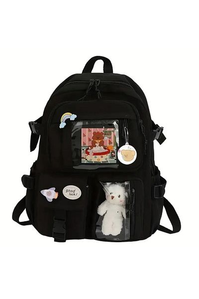 Minga London Kawaii Japanese Style School Backpack with Accessories and Teddy Bear Black -Minga London