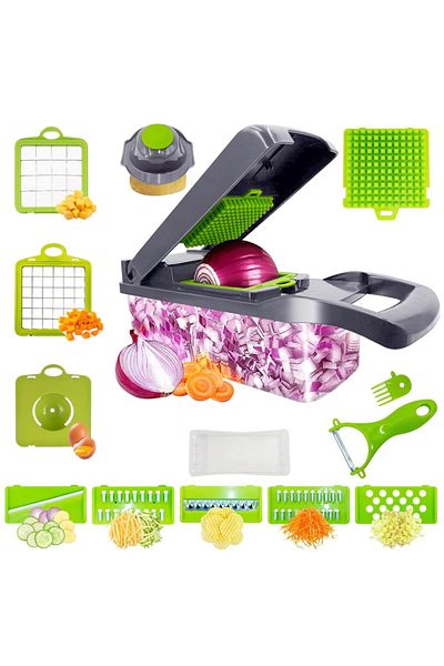 OEM Tocător de legume cu recipient, 16 în 1, Plastic/Oțel inoxidabil, Gri