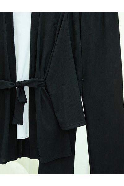 Modamorfo Crinkle Kimono Suit with Side Pockets and Belted Long Sleeve Trousers - Black