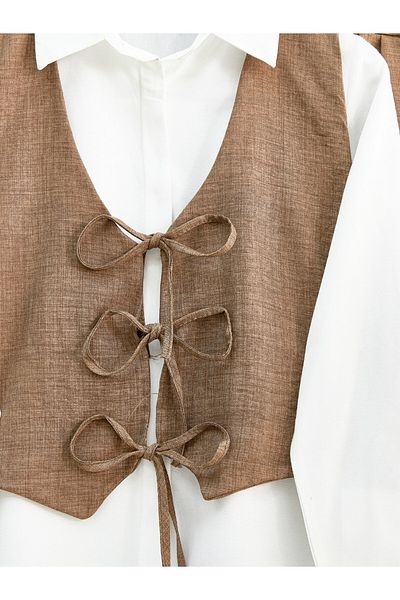 Modamorfo Set de două piese vestă și pantaloni cu legături în față - maro