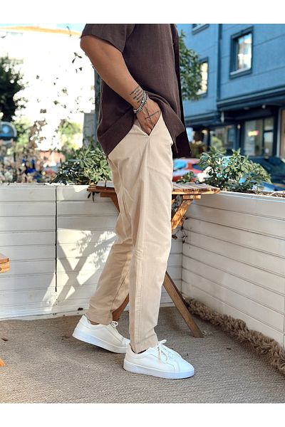 manch collection Regular Fit Pleated Linen Trousers Cream