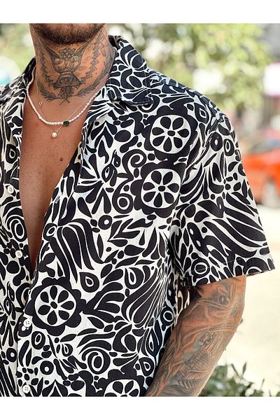 manch collection Short Sleeve Patterned Linen Shirt Black