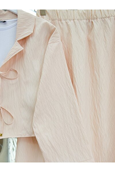 Modamorfo Double Breasted Collar Double Lace Skirt Suit -Beige