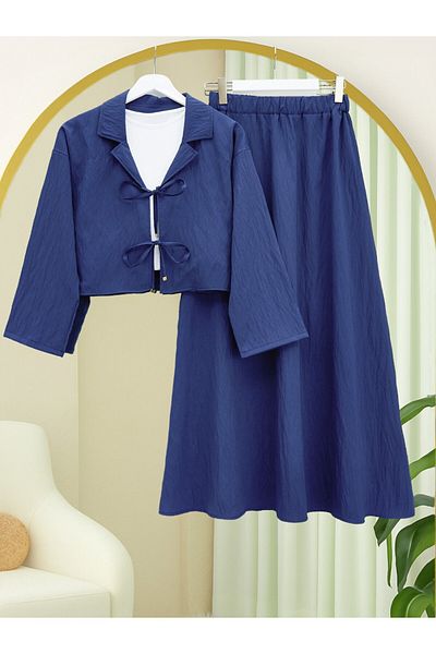 Modamorfo Double Breasted Collar Double Lace Skirt Suit - Navy