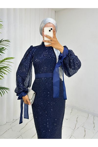 Modamorfo Cutout Beaded Stripe Sequin Belted Evening Dress -Laci