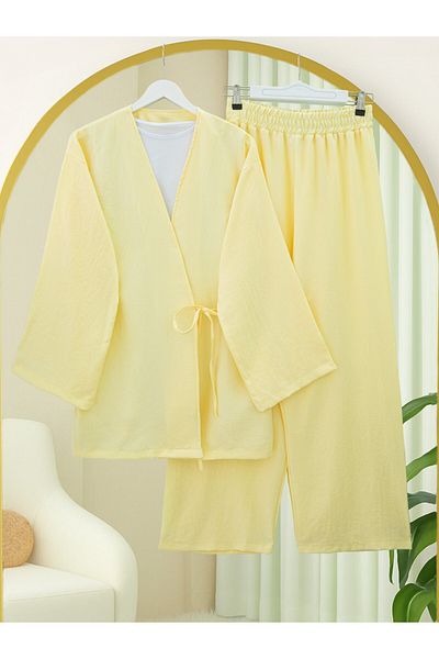 Modamorfo Kimono Suit with Tie Front Trousers - Light Yellow