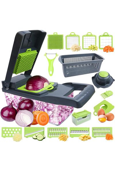 OEM Tocător manual de legume 17 în 1, 7 tăieturi diferite, lame din oțel inoxidabil, recipient de depozitare, Verde