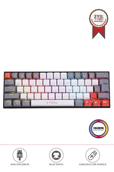 Torima Oyuncu Klavyesi Rgb Işıklı Mekanik Şarjlı Kablosuz Blue Switch Q Klavye TK11 Beyaz