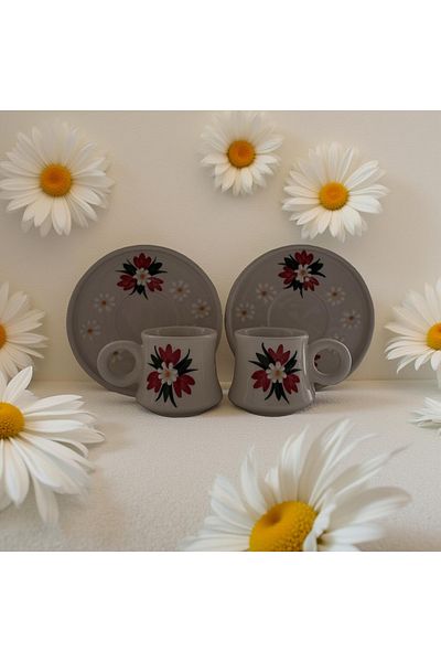 Çiporcal Red Crocus Flower 2 Pcs Turkish Coffee Cup Set