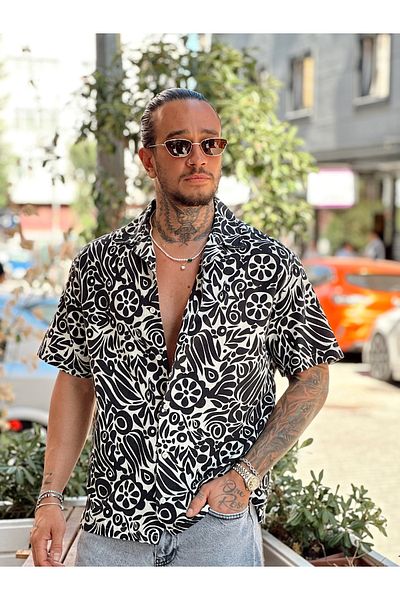 manch collection Short Sleeve Patterned Linen Shirt Black