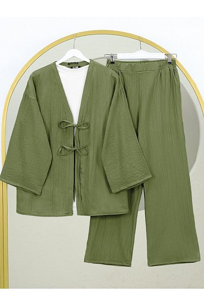 Modamorfo Crinkle Suit with Double Lace-Up Front Trousers - Khaki