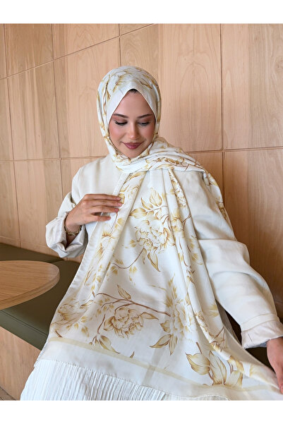 Mira İpek Retro Desen Pamuk Soft Şal Kadın Beyaz Gold ps35