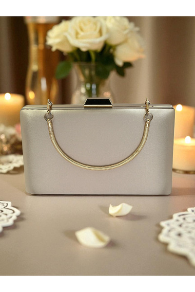 Biçanta Skin Nude Satin Color Gold Detailed Metal Handle Evening Dress Bag Evening Bag Engagement Wedding Bag