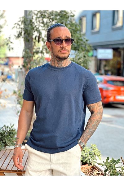 manch collection Basic Flam Textured Fabric T-Shirt Navy Blue