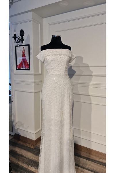 makbuleofficial White Beaded Fabric Straples Size Fish Wedding Dress Engagement Wedding Dress