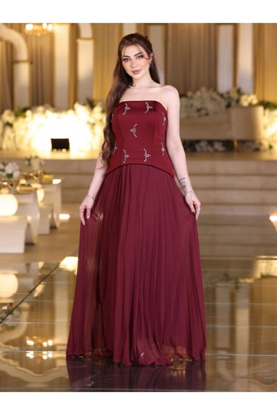 Nice Model Burgundy Strapless Evening Dress with Stone Embellished Bodice & Pleated Chiffon Skirt