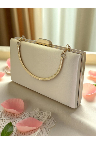 Biçanta Skin Nude Satin Color Gold Detailed Metal Handle Evening Dress Bag Evening Bag Engagement Wedding Bag