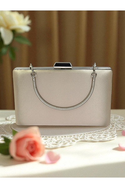 Biçanta Skin Nude Satin Color Silver Detailed Metal Handle Evening Dress Bag Evening Bag Engagement Wedding Bag