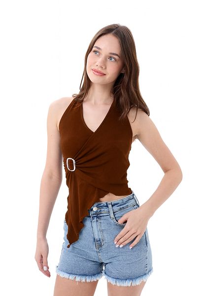 vesantia Women's Bitter Brown Buckle Halter Neck Sleeveless Draped Knitted Viscose Single Jersey Blouse