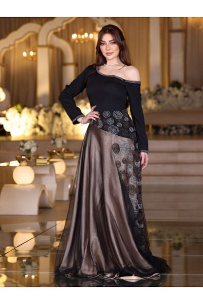 Nice Model Elegant Black Stone Embellished Off-Shoulder Mermaid Evening Dress Long Sleeve Formal Gown