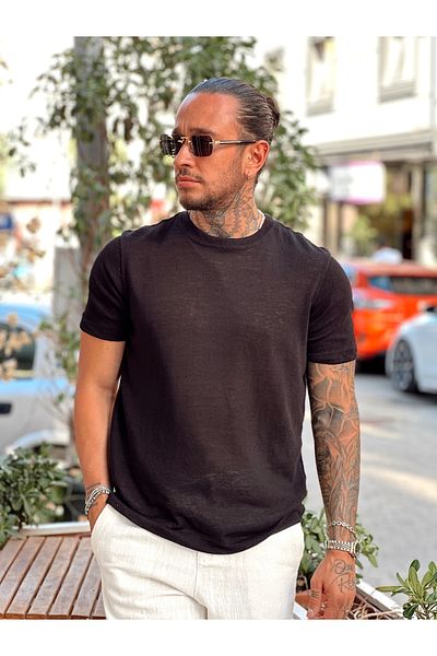 manch collection Basic Flam Textured Fabric T-Shirt Black