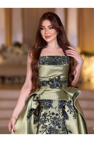 Nice Model Luxury Olive Green Mikado Evening Gown Strapless Embroidered Formal Ball Dress Long Prom Gown