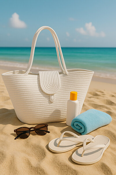 Efuliz Home Geantă de plajă de culoare albă, geantă de umăr casual cu mâner lung, geantă naturală de tendință realizată manual