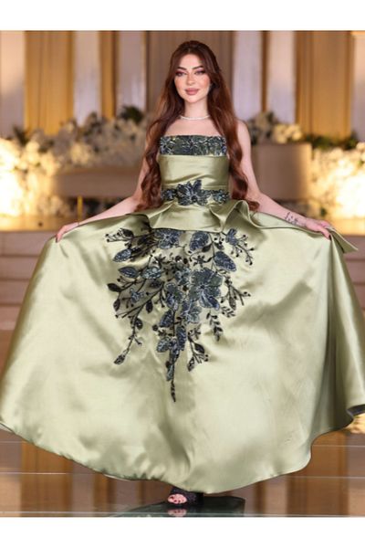 Nice Model Luxury Olive Green Mikado Evening Gown Strapless Embroidered Formal Ball Dress Long Prom Gown