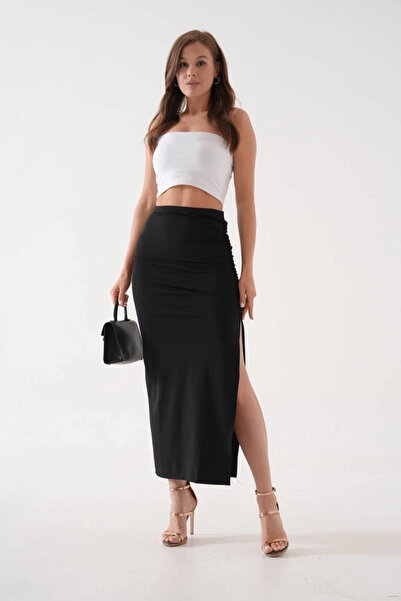 İntive Lingerie Long Slit Slim Fabric Skirt Black