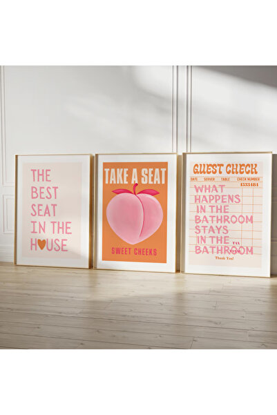 512 STORE Banyo Duvar Dekor 3'lü Estetik Modern Poster Orange Yazı Stil Çerçe...