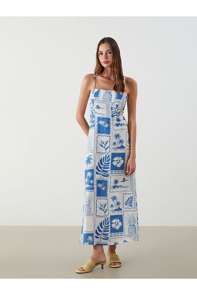 LC Waikiki Lcw Vision Square Neck Patterned Strap Linen Blend Dress