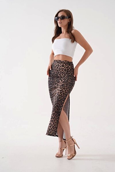 KAZAX Long Slit Slim Fabric Skirt Leopard