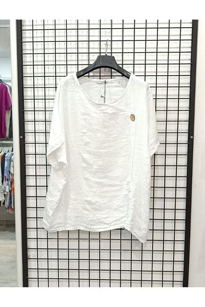 Butik Şans Button Detailed Crew Neck Pushing Linen Blouse