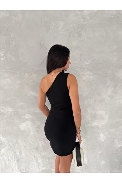 hibiscus One Shoulder Sleeveless Mini Dress - Black