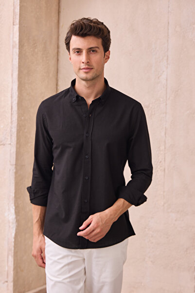 Pietra Paul Men's Slim Fit Slim Fit Buttoned Collar Linen Look 100% Cotton Flared Shirt