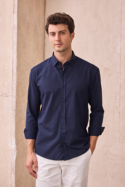 Pietra Paul Men's Slim Fit Slim Fit Buttoned Collar Linen Look 100% Cotton Flared Shirt